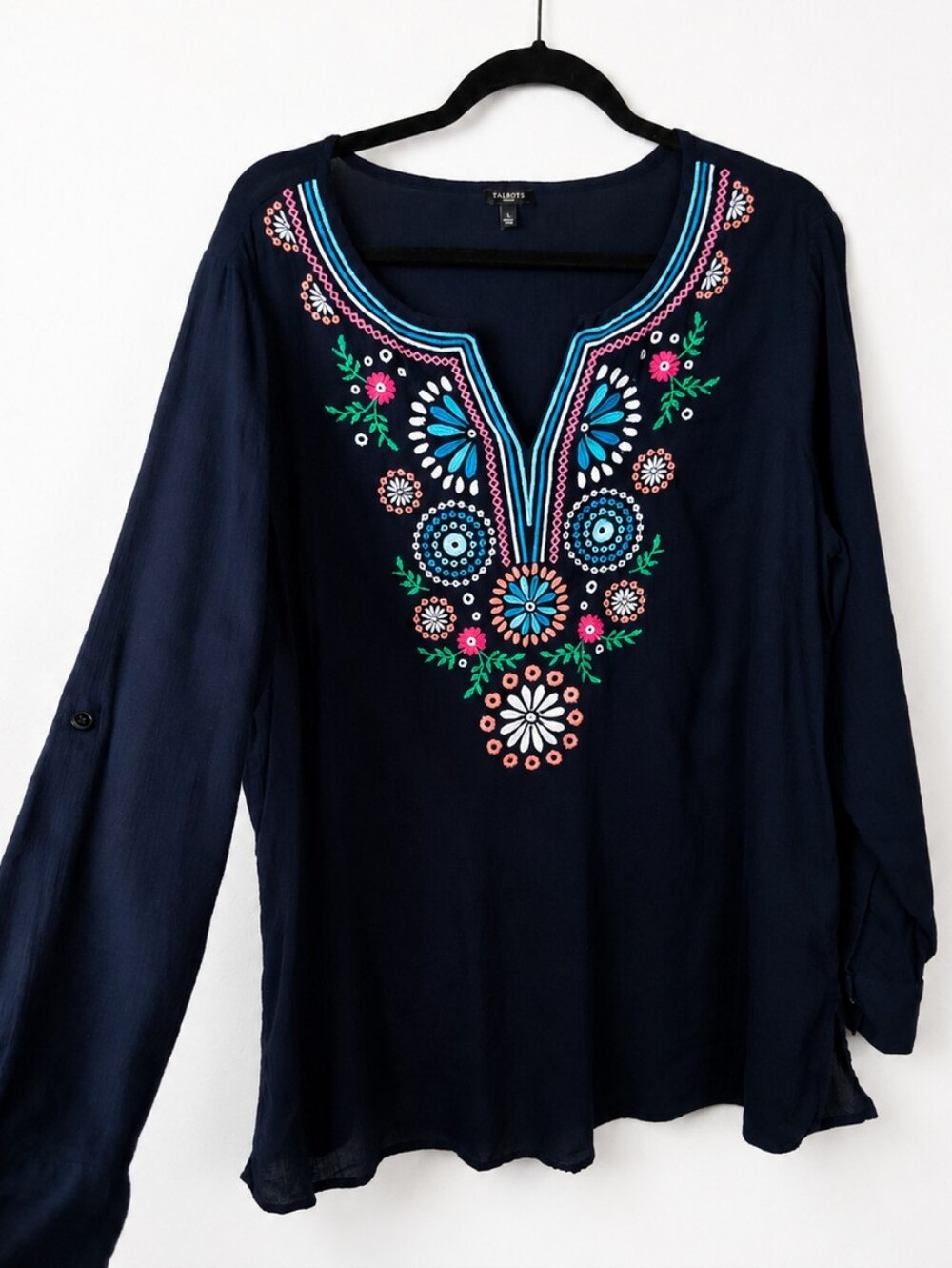 Talbots 1X Navy Embroidered Cotton Tunic Blouse Boho Folk Art Roll Tab Resort